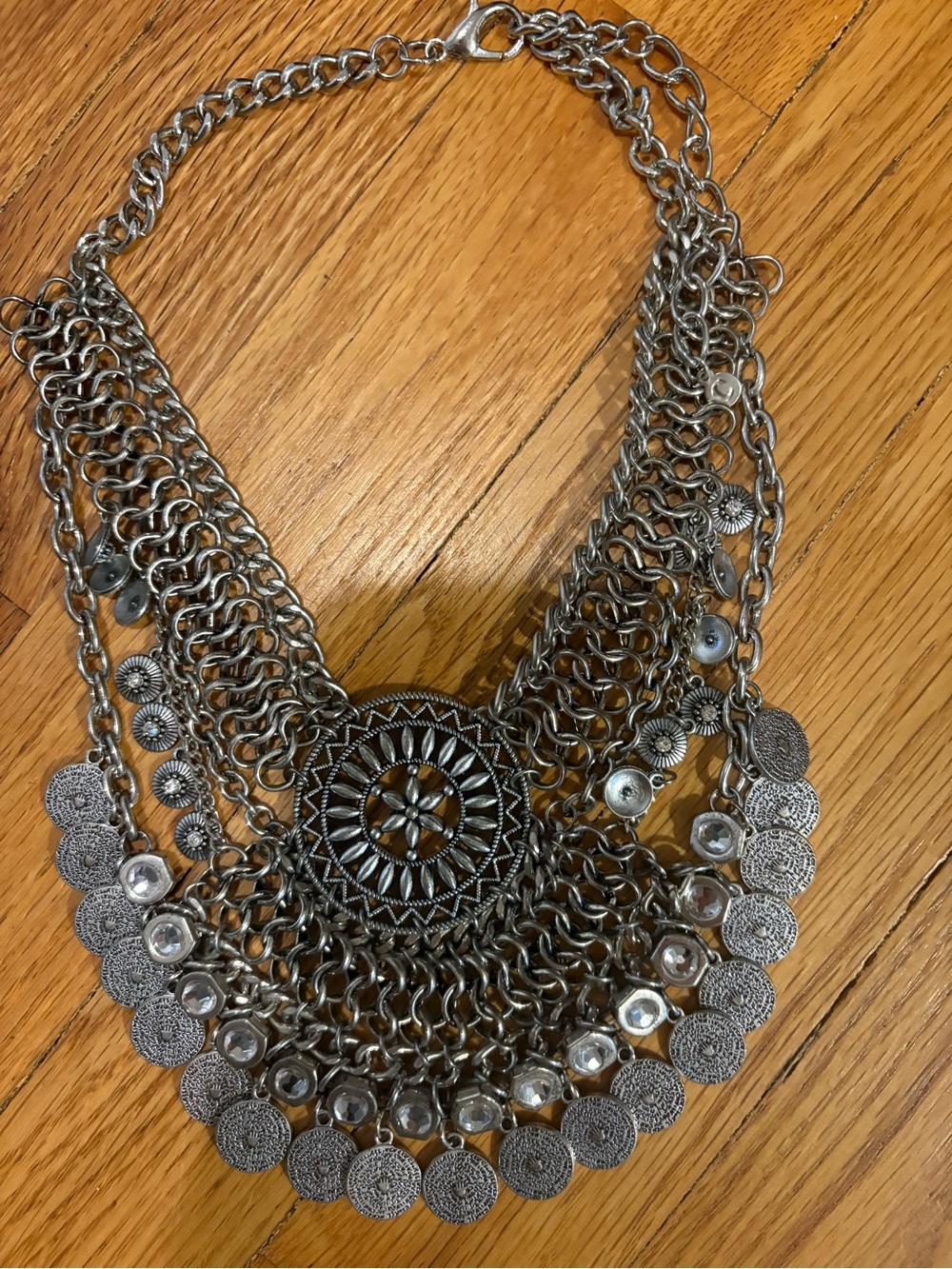 Boho Silver Statement Necklace with Coin and Medallion Detail